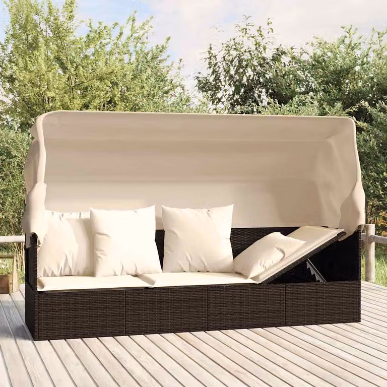 vidaXL Lettino Prendisole da Esterno in Polyrattan con Tetto e Cuscini Marrone