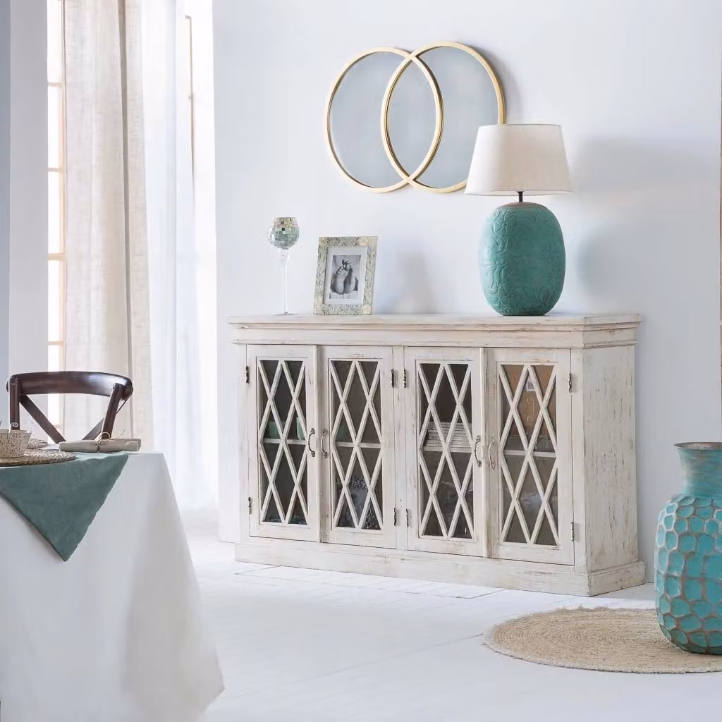 Credenza Wanderlust Deco in legno e vetro laccato stile shabby chic bianco e nero L: 170 cm, P: 40 cm, H: 100 cm – 2
