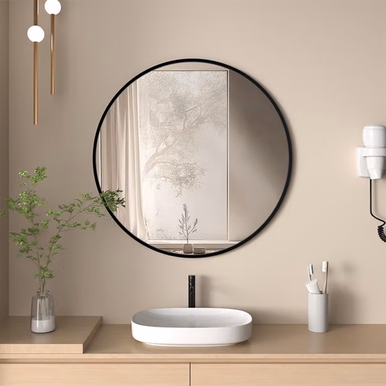 Specchio da bagno rotondo, diametro 60 cm, cornice in alluminio nero, montaggio a parete, vetro HD