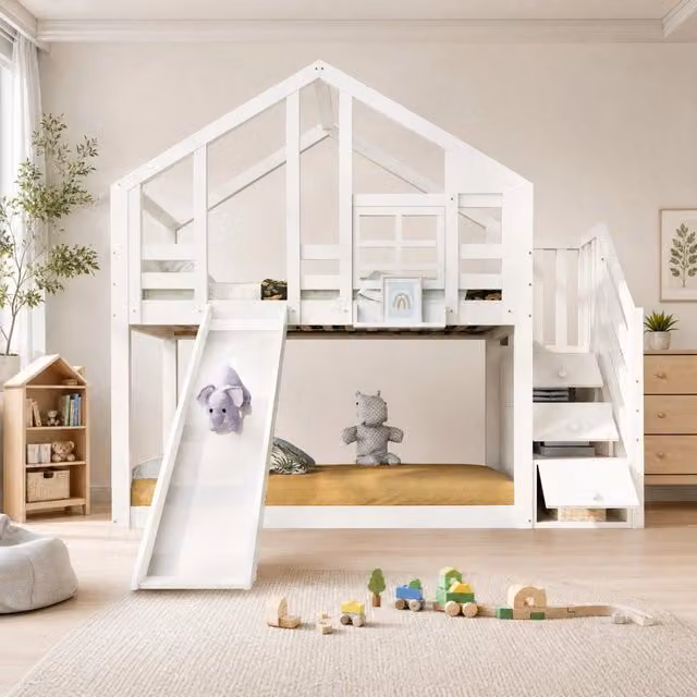 Letto a castello per bambini 90x200 cm con scivolo, scala contenitore e protezioni, bianco