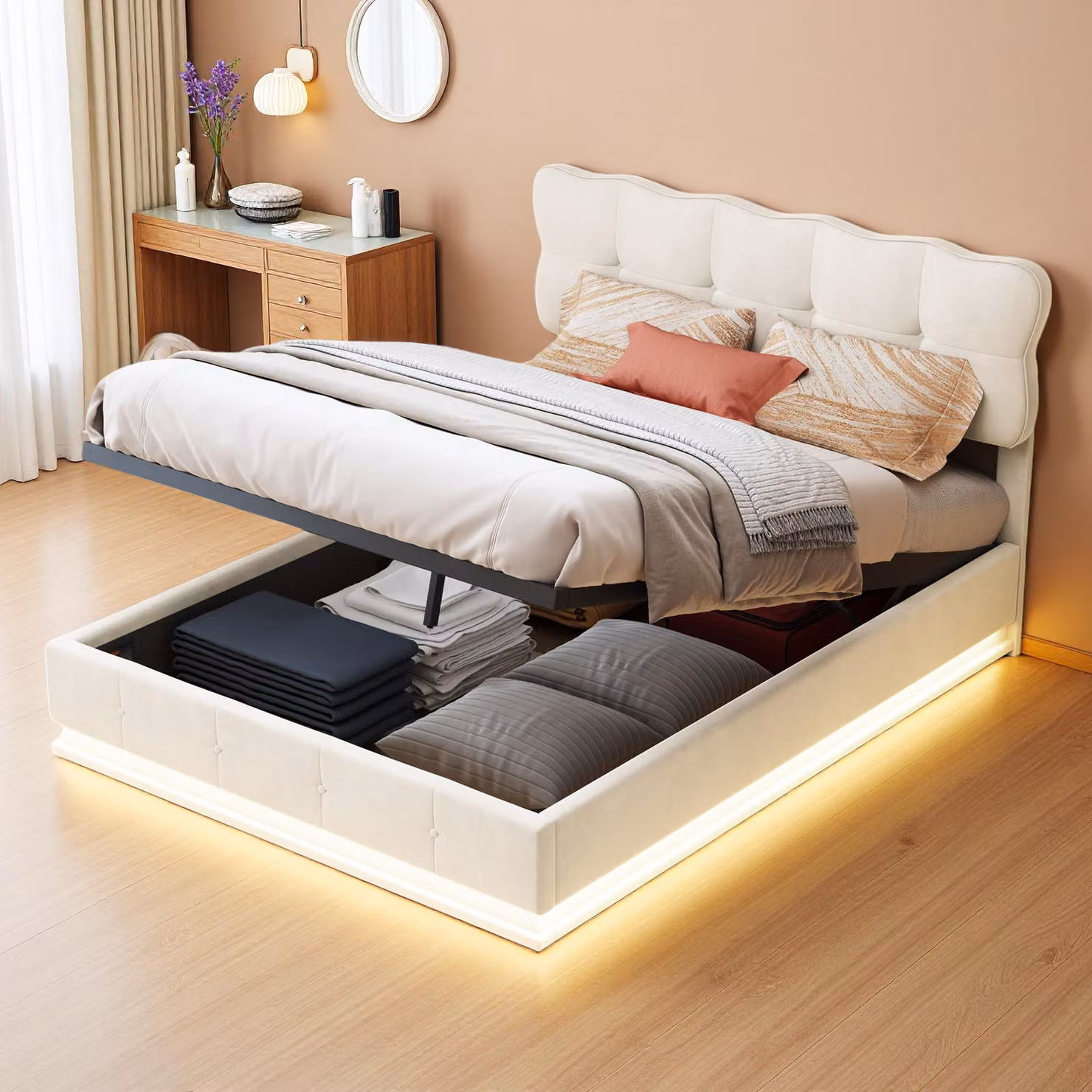 Letto imbottito Fortuna Lai 160x200 cm, LED, rete, idraulico, testata regolabile, velluto, beige