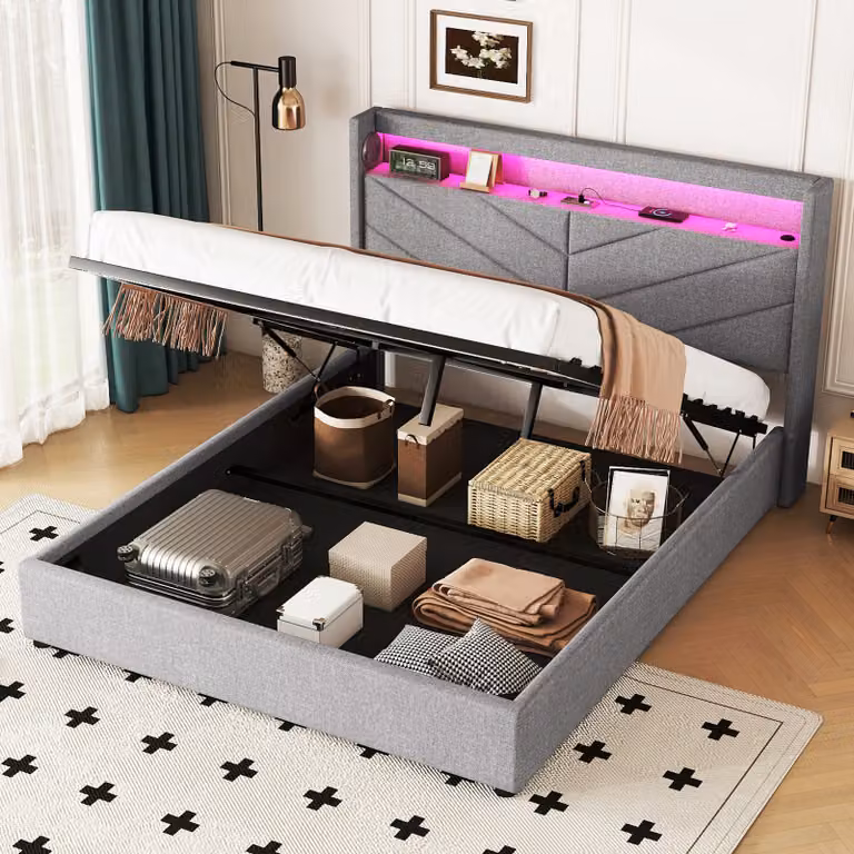 Letto imbottito AIORBER, 160 x 200 cm, illuminazione ambiente con LED, con USB, dispositivo di sollevamento idraulico, biancheria, design impianto stereo, grigio (senza materasso)