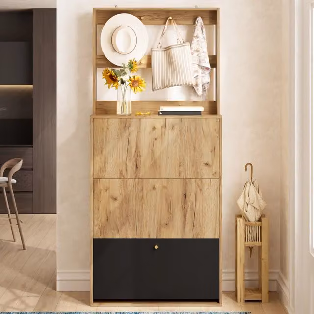 Scarpiera moderna SINGULARTY per ingresso con scomparti basculanti, L/P/H: 75 x 24 x 180 cm, color marrone e nero