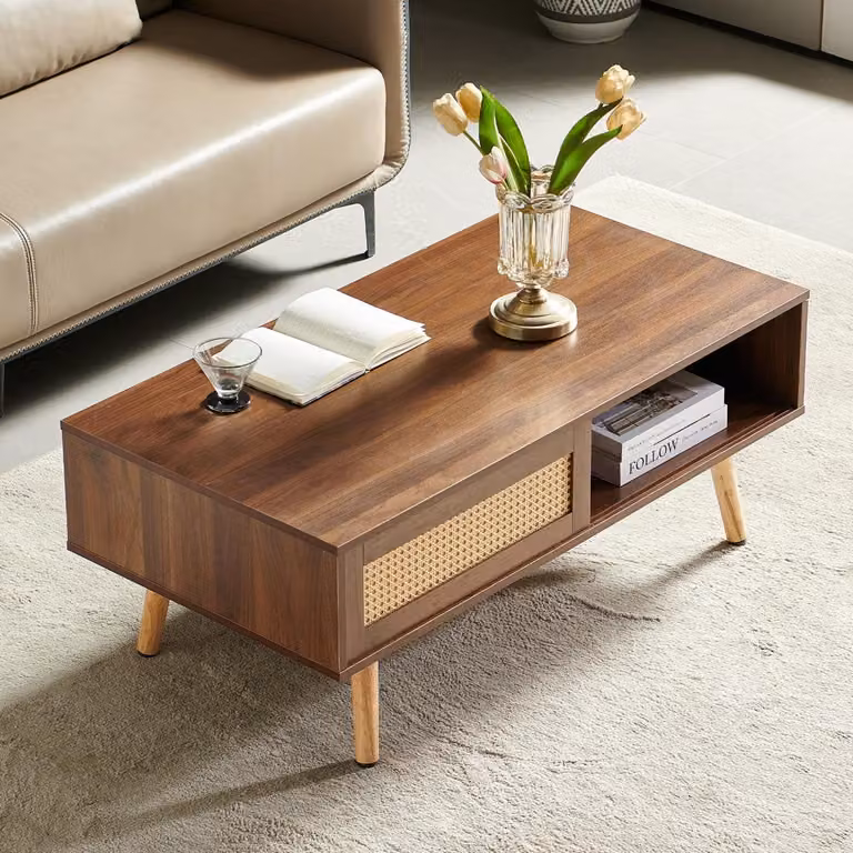 Tavolino da salotto in noce scuro 105x55x40 cm con ante scorrevoli, intreccio in vimini e gambe in legno massello, tavolino da salotto moderno