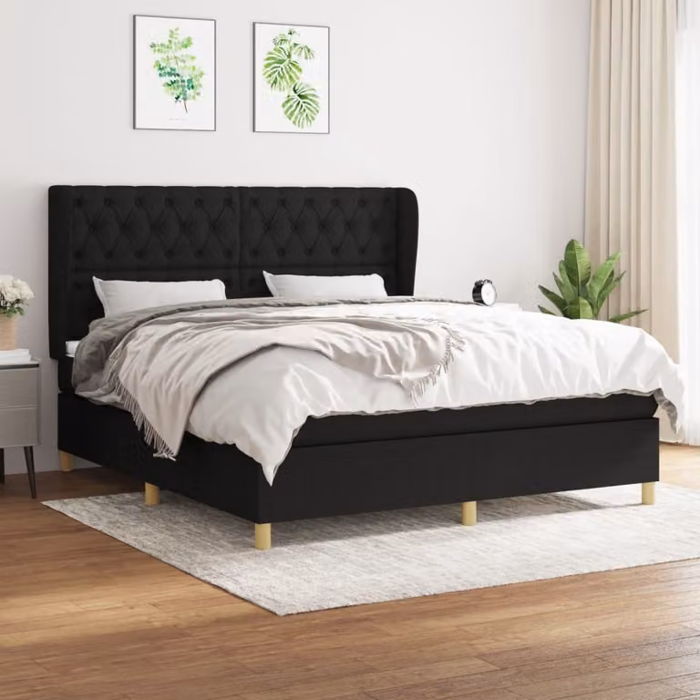 The Living Store Letto a molle con materasso nero 160x200 cm in tessuto