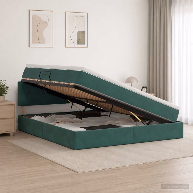 Letto con contenitore e materasso a molle vidaXL in velluto verde scuro con illuminazione LED L/P/H: 180 x 200 x 140 cm
