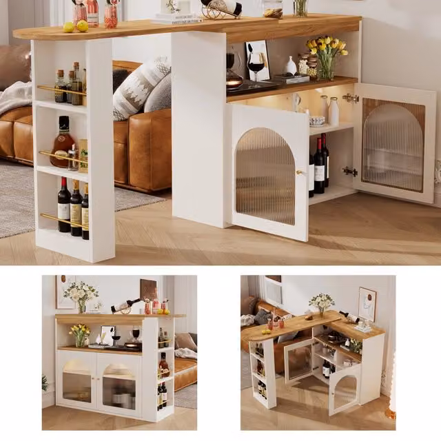 Tavolo da bar moderno estensibile 138-193x39x105 cm, bianco, con spazio contenitore e striscia LED regolabile 1 m, girevole, per sala da pranzo