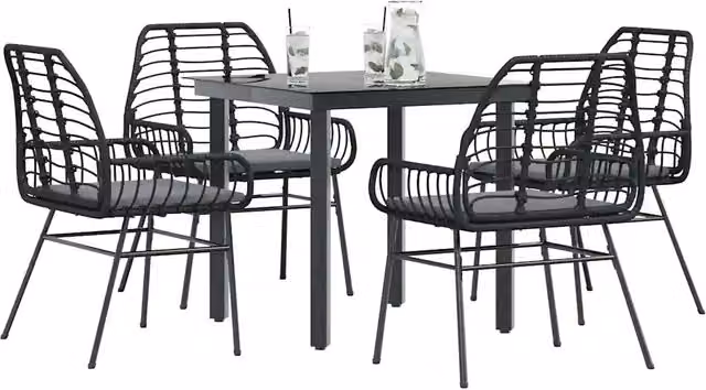 Set da pranzo da giardino vidaXL in polyrattan con tavolo in vetro e 5 cuscini, nero e grigio