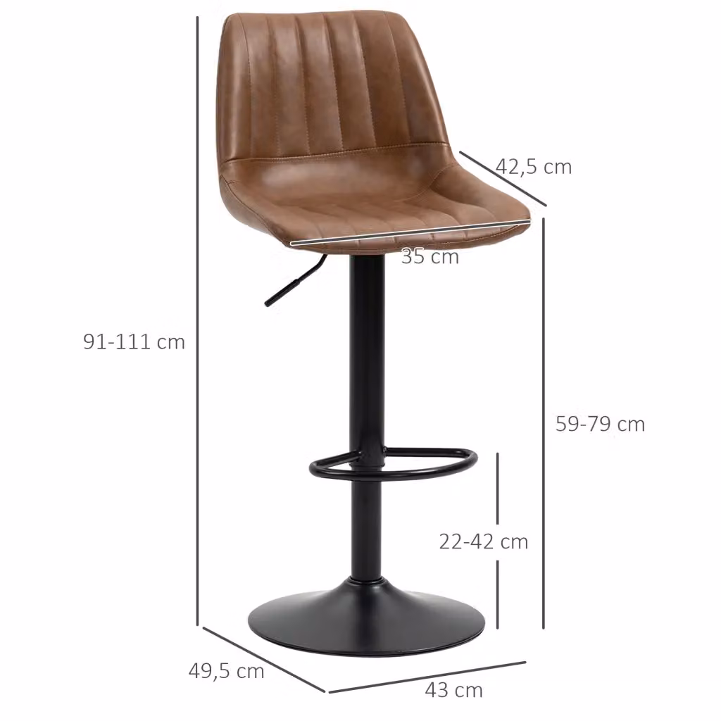 Set da 2 pezzi di sgabelli da bar REDOM regolabili con seduta in ecopelle e struttura in metallo, colore marrone e nero, L/P/H: 43 x 49,5 x 91-111 cm – 2