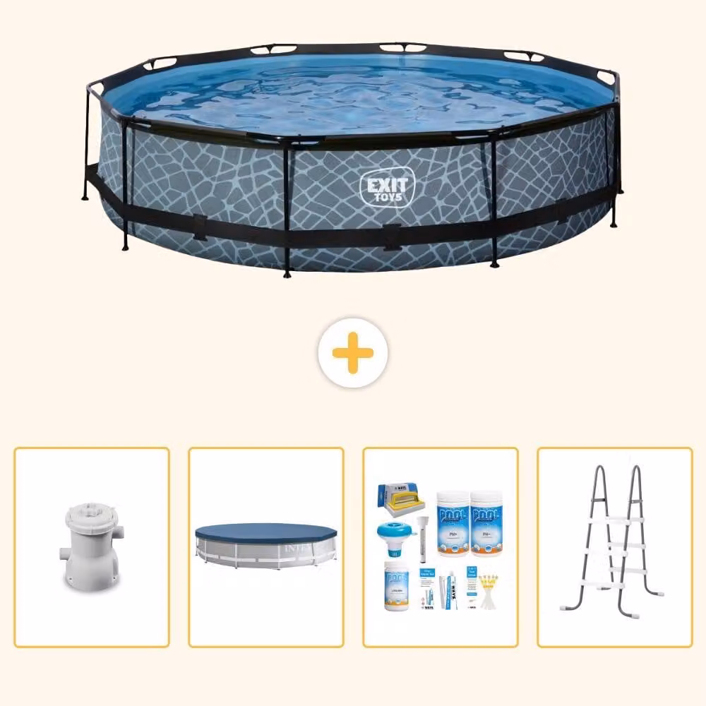 Piscina a sfioro "Exit Pool Rund" - Design effetto pietra - 360x76 cm - 5 pezzi - Modello SCB20