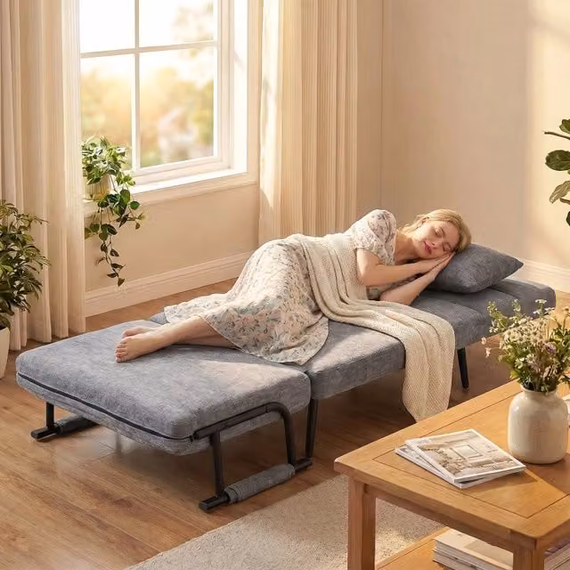 Poltrona letto 3 in 1 FOLYNA in ciniglia grigia con schienale regolabile a 5 livelli e letto singolo L: 186 cm, P: 60 cm – 1