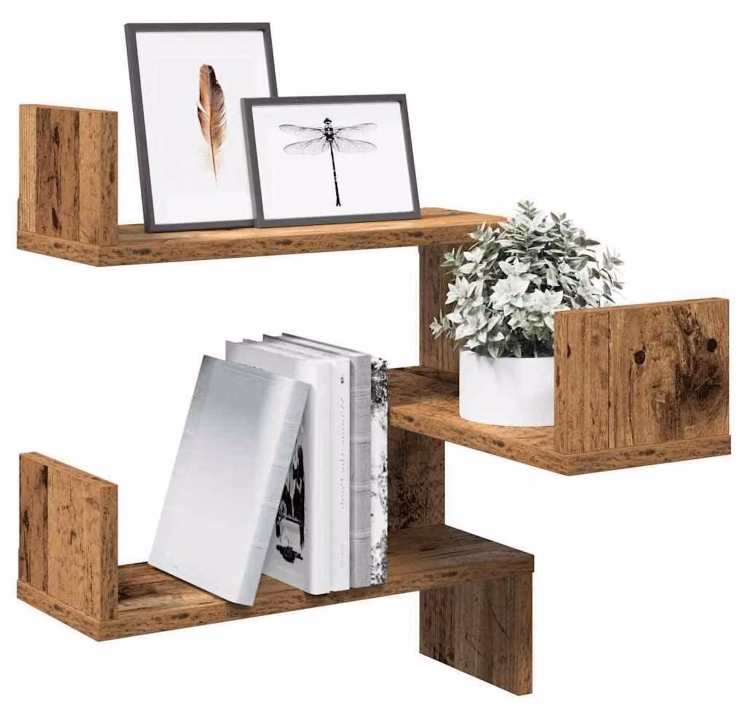 Mensola angolare a parete, realizzata in materiale composito, con aspetto legno riciclato, confezione da 2 pezzi