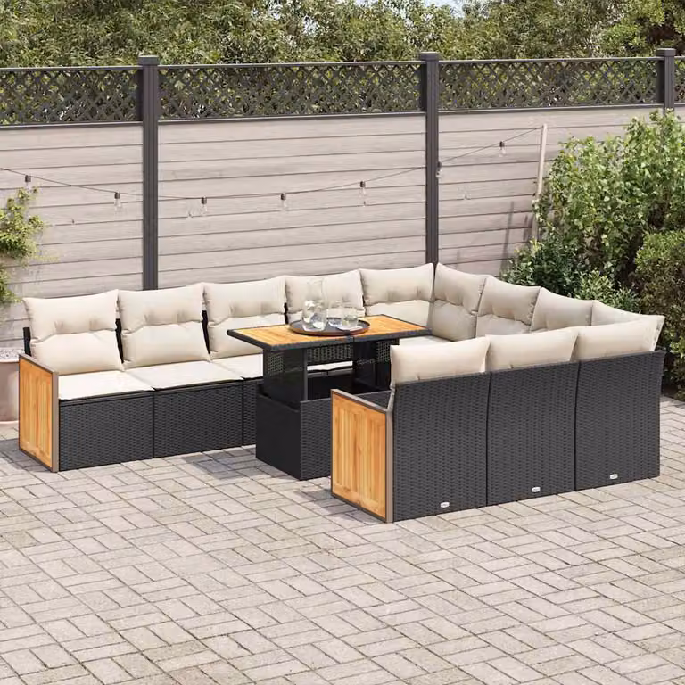 Set Divani da Giardino vidaXL 11 pz in Polyrattan e Legno di Acacia con Cuscini Bianchi e Nero a Forma di U