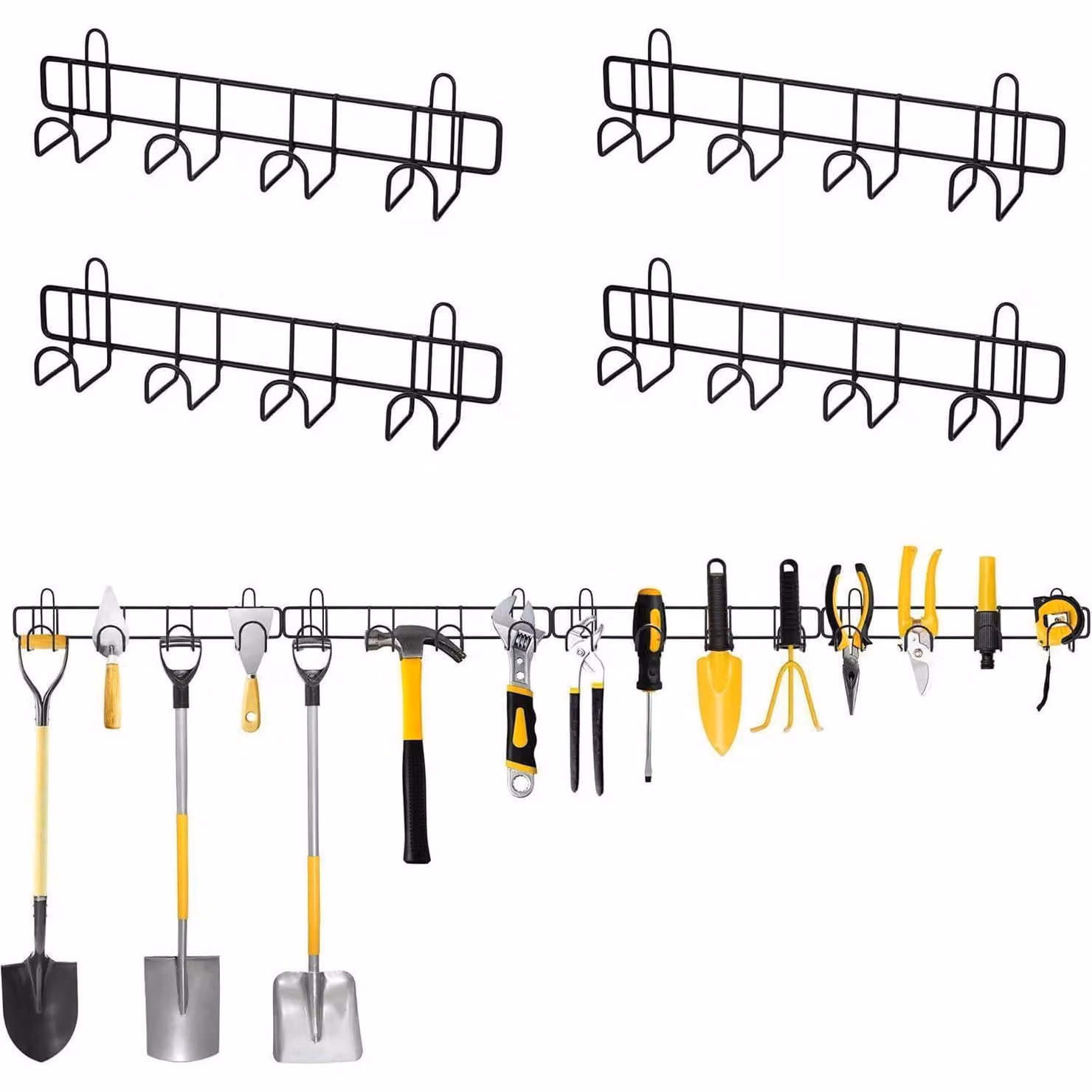 Supporti a parete per attrezzi da giardino, in metallo, set di 4 pezzi, colore nero, adatti per pale, rastrelli e scope