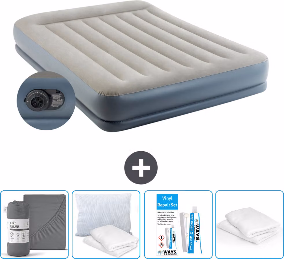 Letto ad aria Intex - 2 persone - 152 x 203 x 30 cm - Grigio - Incluso pompa - Lenzuolo di ricambio - Bacio - Kit di riparazione en Protezione cuscino