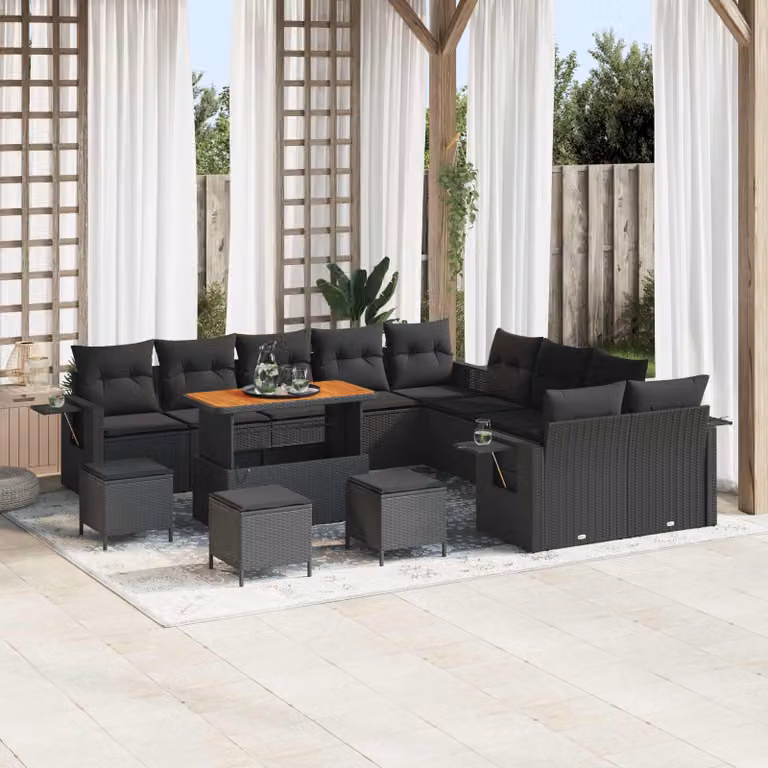Set Divano da Giardino vidaXL 14 Pezzi a Forma di U con Cuscini e Tavolino Nero