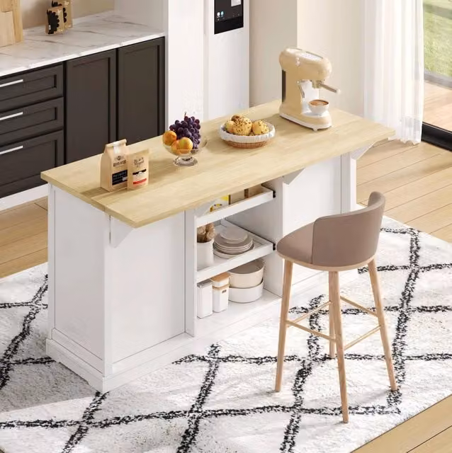 Isola da cucina con piano estensibile; 5 cassetti e prese integrate; MDF; naturale e bianco; 150×65×75;5 cm