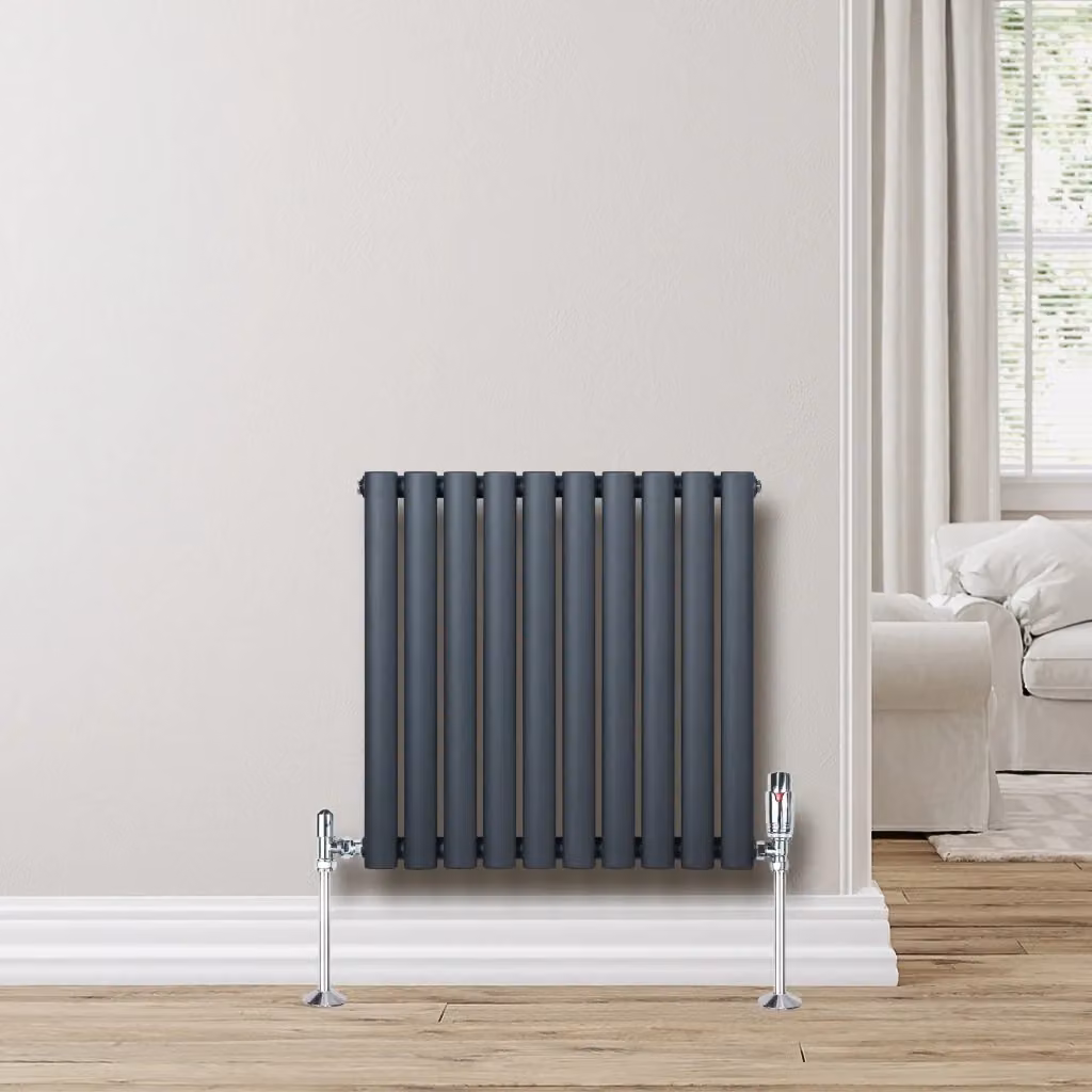 Radiatore Orizzontale Ovale Monstershop in Acciaio Grigio Antracite con Valvola Termostatica e Staffa a Parete L: 60 cm, H: 60 cm, P: 10,5 cm – 2