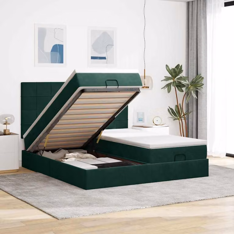 Letto con contenitore e materassi vidaXL in velluto verde e bianco, con base a sollevamento, illuminazione sottostante e porte USB, L/P/H: 200 x 200 x 128 cm