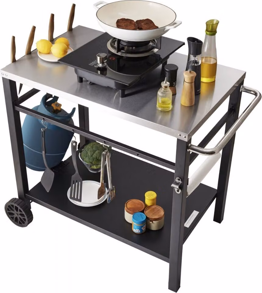 Carrello di servizio - Carrello da cucina 100x64x83,5 cm - Carrello barbecue da esterno con doppio ripiano - Tavolo barbecue mobile per la preparazione dei cibi - Piano multifunzionale in acciaio inox.