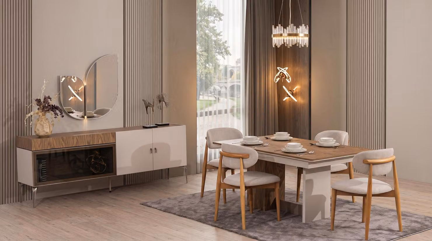 Set moderno per sala da pranzo: tavolo, quattro sedie, una cassettiera e uno specchio, in legno color beige