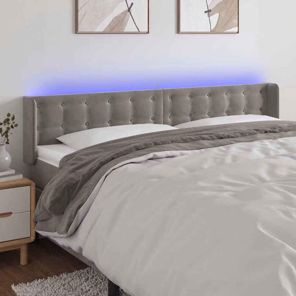 Testiera per letto vidaXL in velluto grigio chiaro con illuminazione LED e porta di ricarica USB, L 163 x P 16 x H 78/88 cm