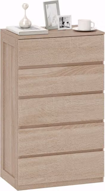 Cassettiera 5 Cassetti in Legno Faggio 60x39x100 cm Mobile con Guide in Metallo e Maniglie Scanalate per Camera da Letto