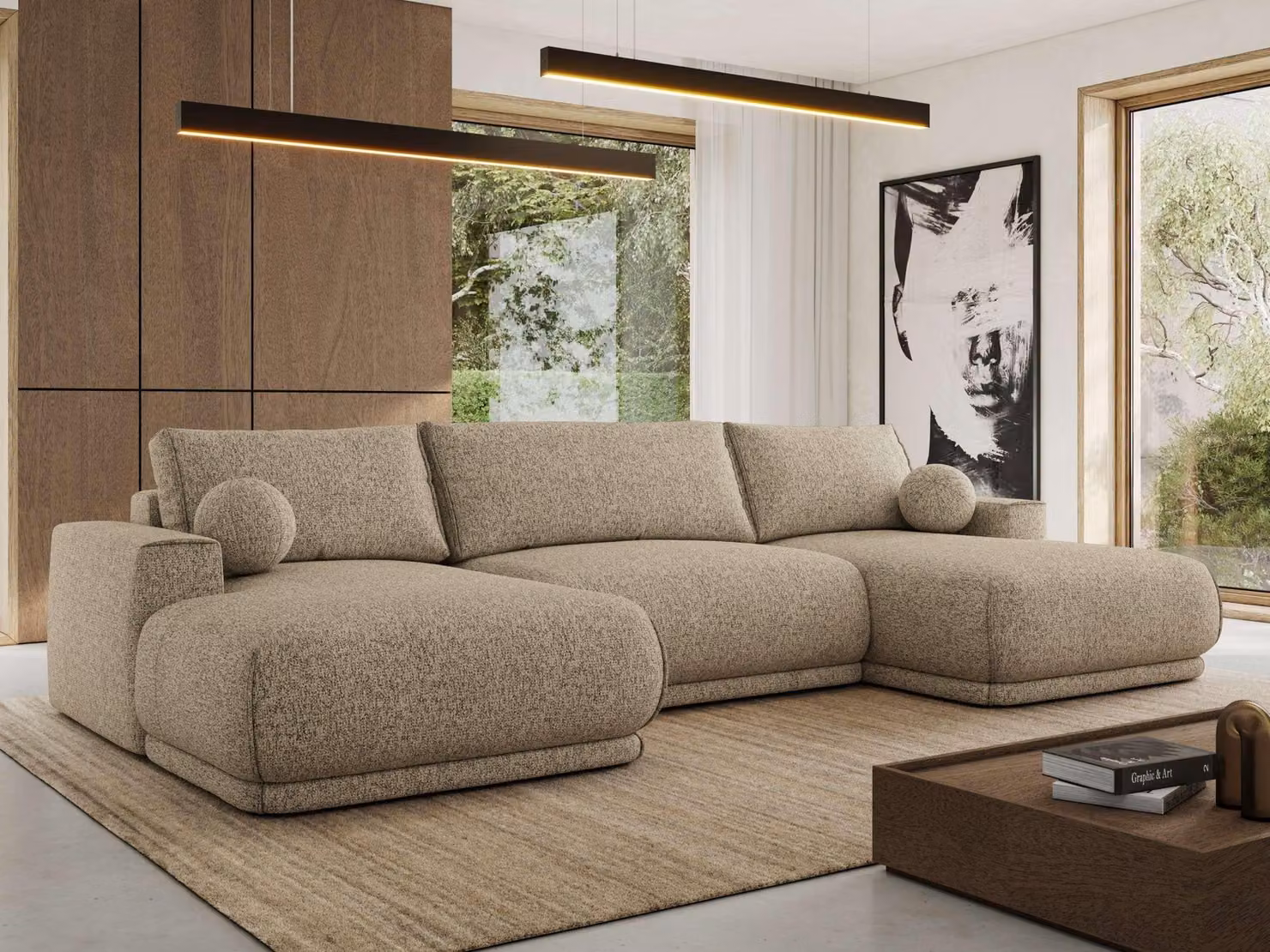 MKS MEBLE Divano ad angolo XXL RINA, divano componibile a forma di U con funzione letto e molle ondulate, funzione letto DL - Beige scuro strutturato