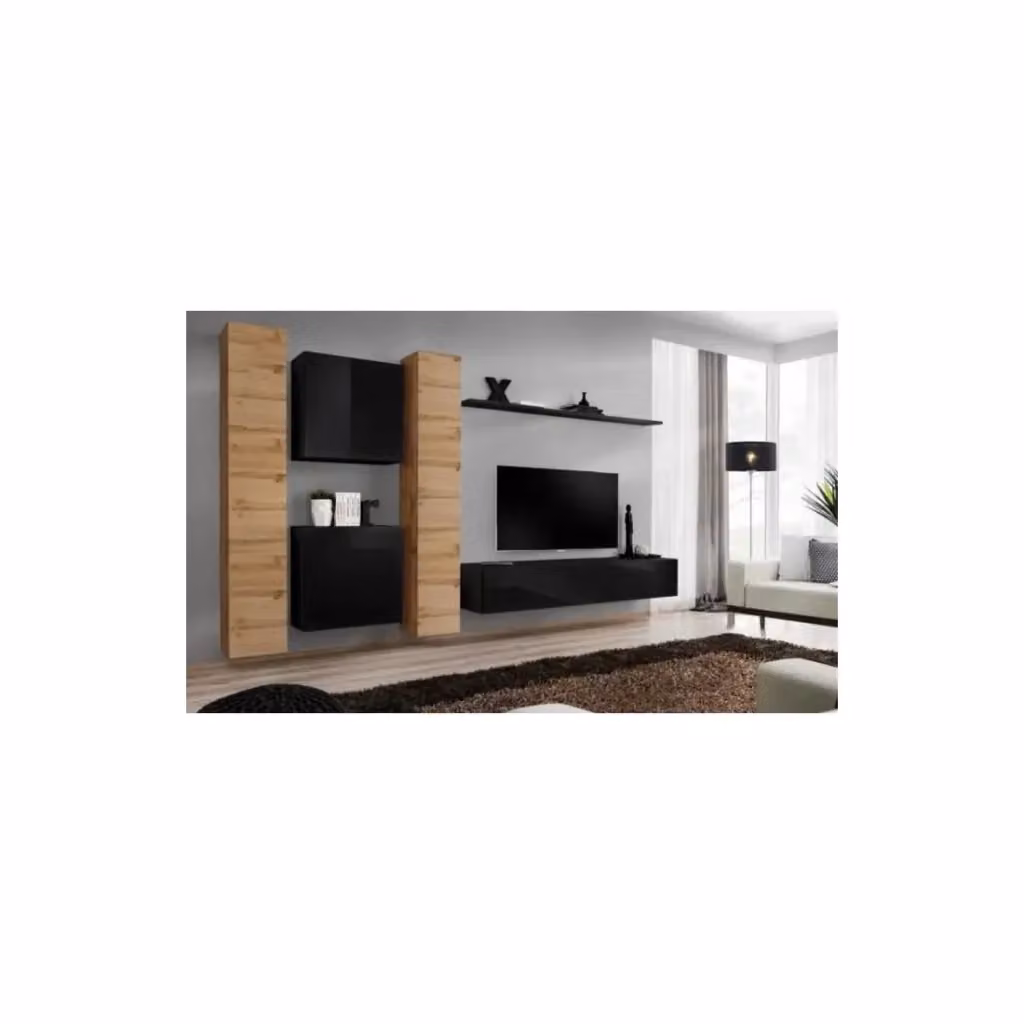Composizione murale per mobile TV sospeso SWITCH VI Meublorama nero lucido e quercia Wotan design moderno L/P/H: 330 x 40 x 180 cm – 2