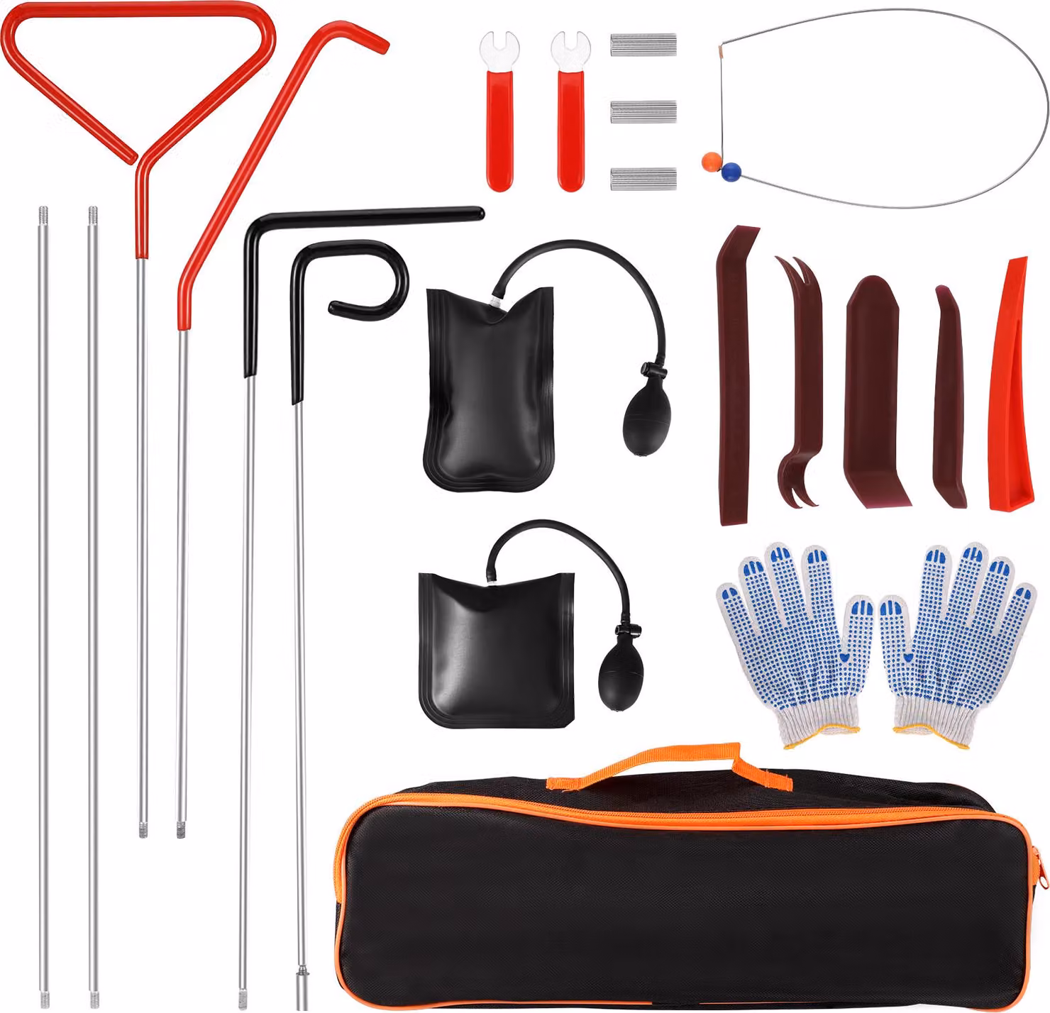 Set per l'apertura delle portiere dell'auto - 16 pezzi - Pinza a braccio lungo - Cuneo pneumatico con pompa - Guanti - Borsa per il trasporto - Per metallo