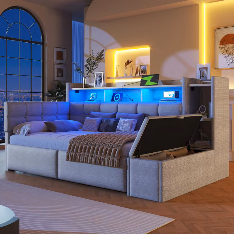 Flieks divano letto da giorno 90x190cm con sgabello idraulico, letto imbottito letto singolo con funzione di carico e led, letto per ragazzi in velluto con ripiani, grigio