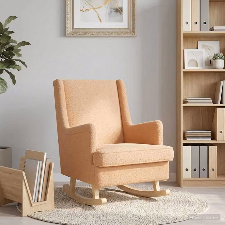 Sedia a dondolo vidaXL in tessuto bouclé beige con braccioli e struttura in legno e metallo L 62 cm x P 80 cm x H 85 cm