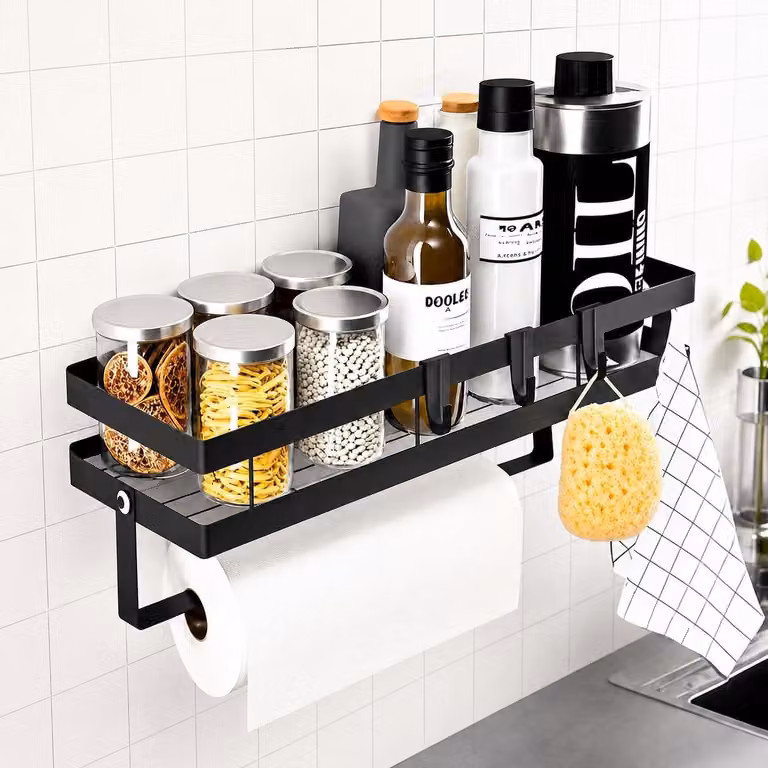 Mensola da parete per cucina con portarotolo e ganci