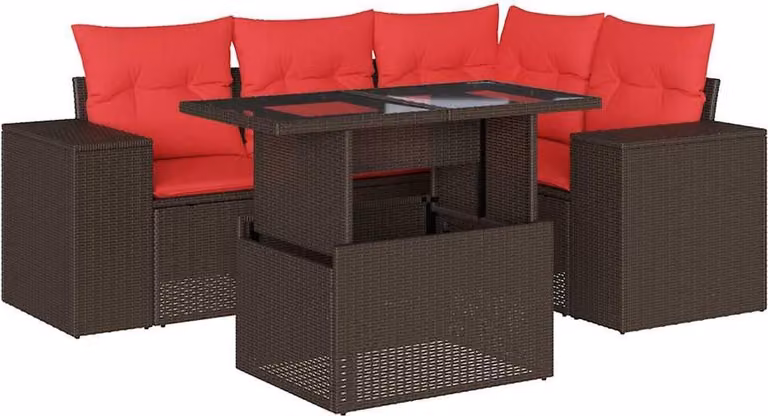 Set Divani da Giardino 5 pz con Cuscini Marrone in Polyrattan