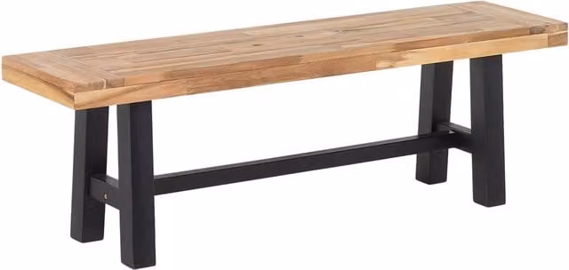 Panca da giardino Beliani in legno di acacia con gambe nere, stile rustico, colore marrone e nero, L: 140 cm, P: 36 cm, H: 45 cm