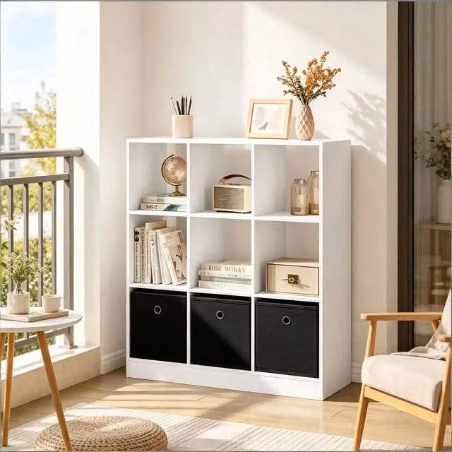 Scaffale a cubi OKWISH con 3 cassetti in tessuto, libreria autoportante moderna per soggiorno e ufficio, nero e bianco, L: 80 cm, P: 30 cm, H: 86,5 cm