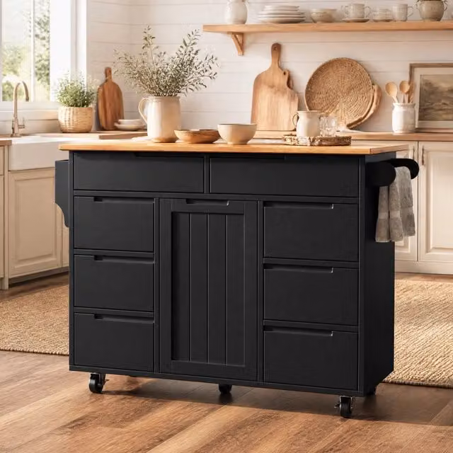 Carrello da cucina con piano ribaltabile; 8 cassetti e ruote; MDF nero