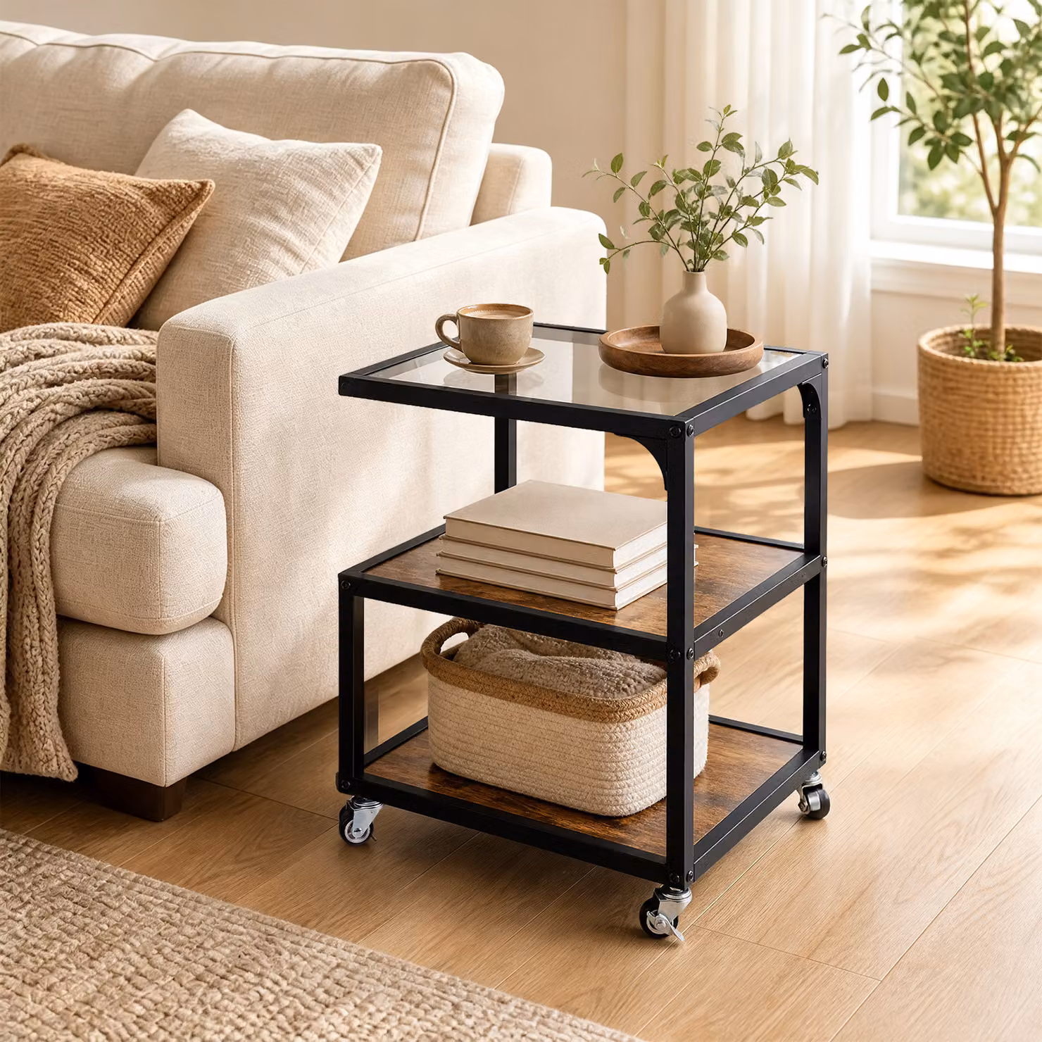 Tavolino da salotto moderno Costway con 3 ripiani, struttura in metallo e vetro, colore nero e marrone con ruote bloccabili per soggiorno e ufficio