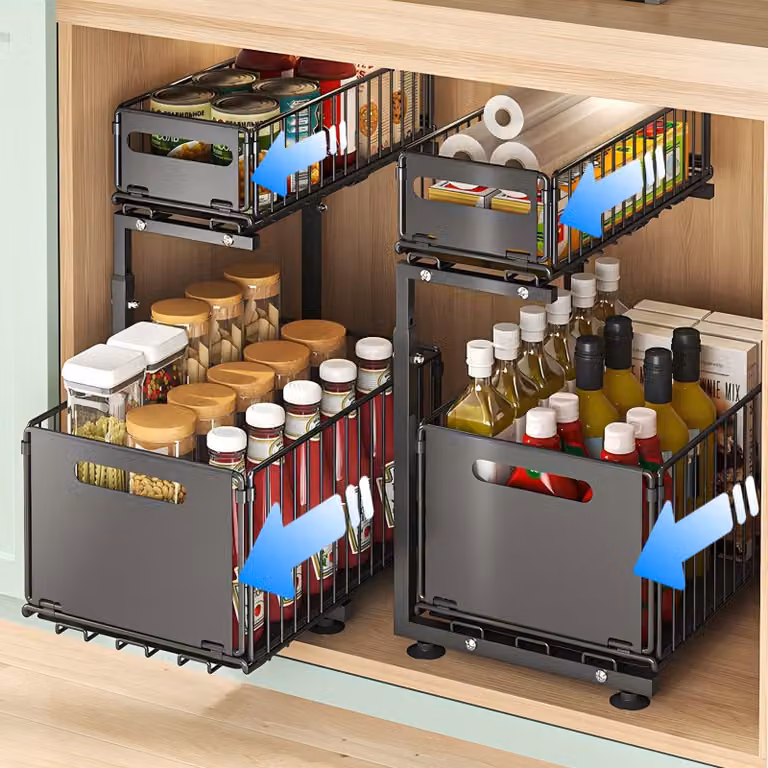 Set da 2 ripiani estraibili in metallo per l'organizzazione di cucina e bagno