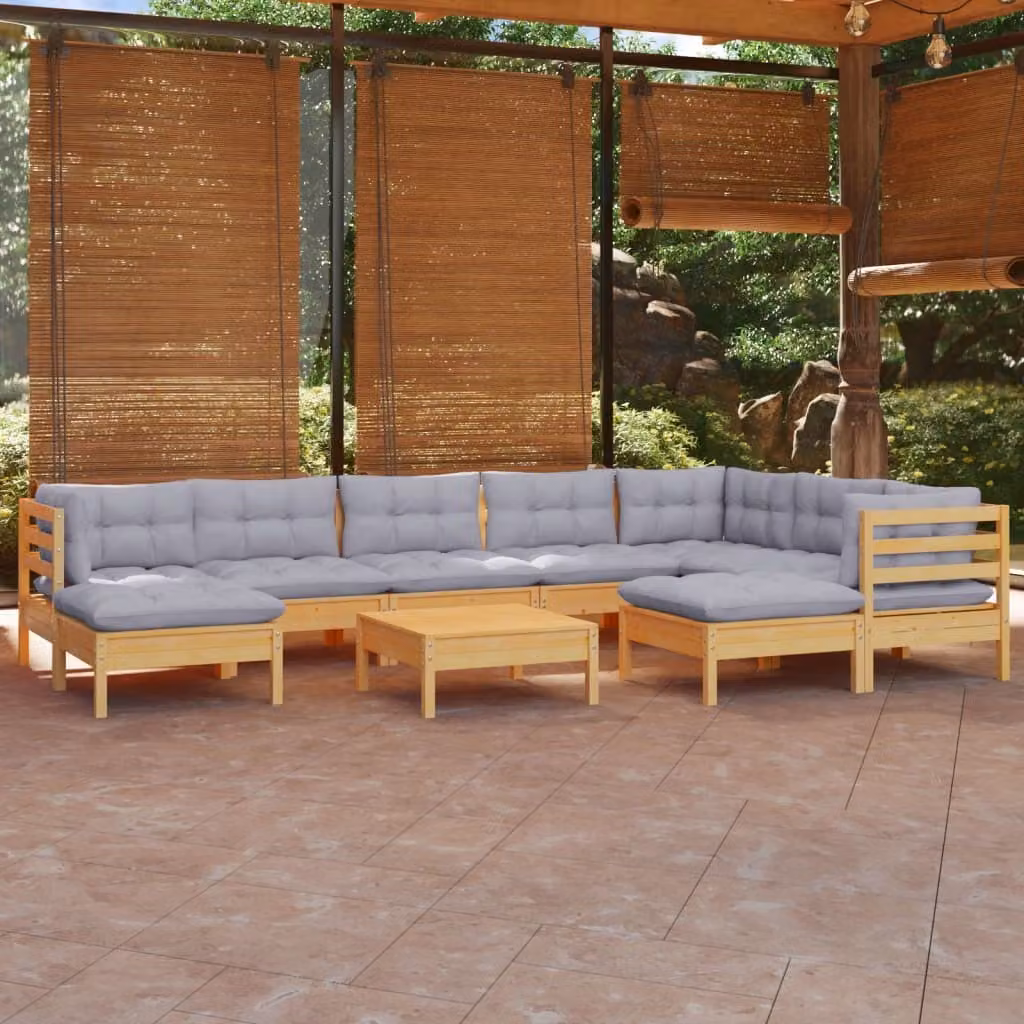 The Living Store Set da giardino da 10 pezzi con cuscini grigi in legno di pino massiccio