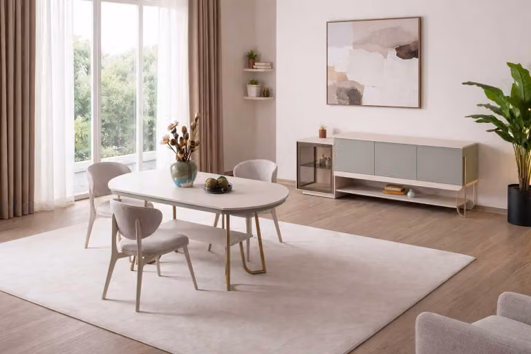 Tavolo da pranzo, sedie, credenza, stile moderno, colore beige, legno e metallo, per cucina, nuovo