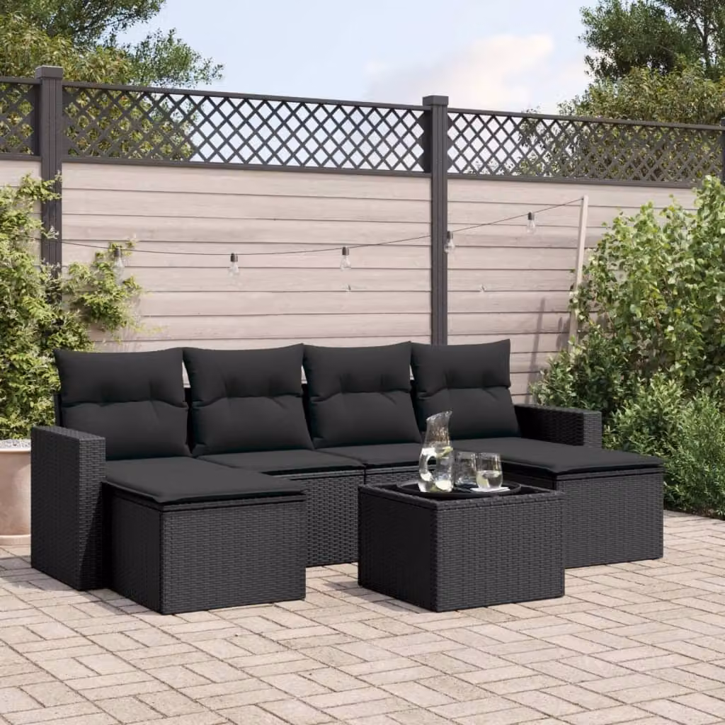 Set di divani da giardino vidaXL a forma di L con cuscini e tavolino, 7 pezzi, nero in polyrattan e metallo – 1