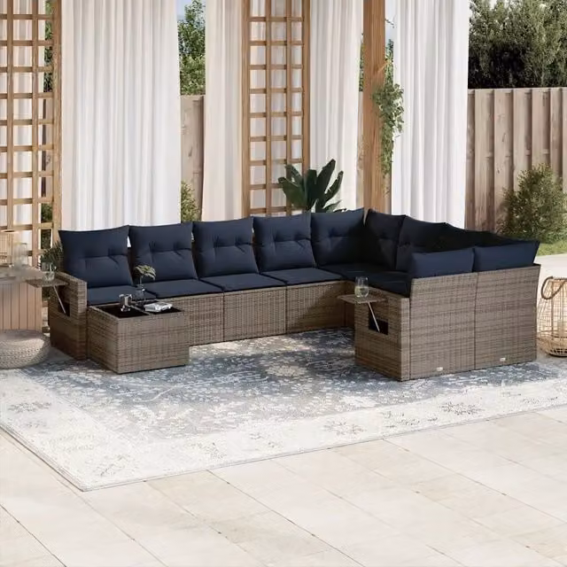 Set Divani da Giardino 10 pz con Cuscini Grigio in Polyrattan 3220660
