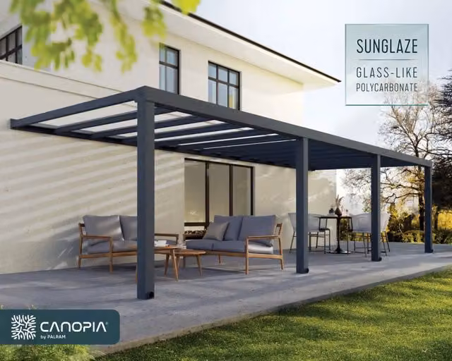 Pergola Addossata in Alluminio Premium Stockholm di Canopia, Colore Antracite e Trasparente, L: 9.5 m x P: 3.4 m – 1