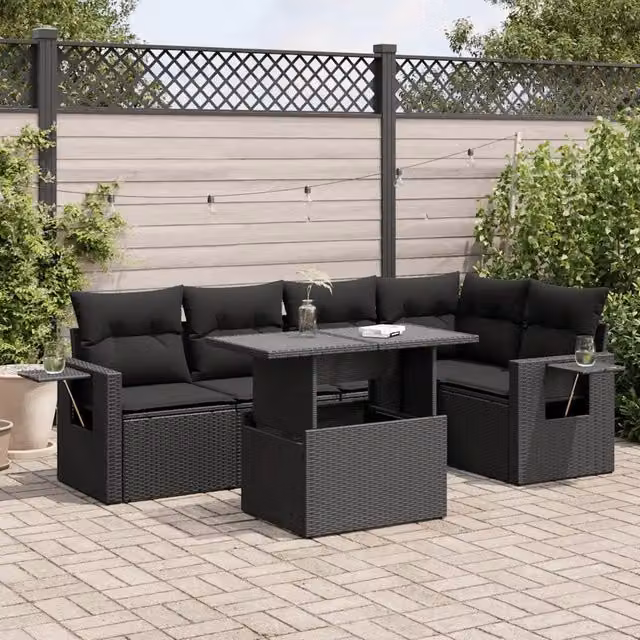 Set Divano da Giardino 6 pz con Cuscini Nero in Polyrattan 3326476