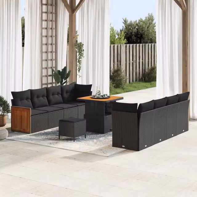 Set Divano da Giardino Moderno vidaXL in Acciaio Nero con Cuscini e Tavolino da 11 Pezzi per 10 Persone