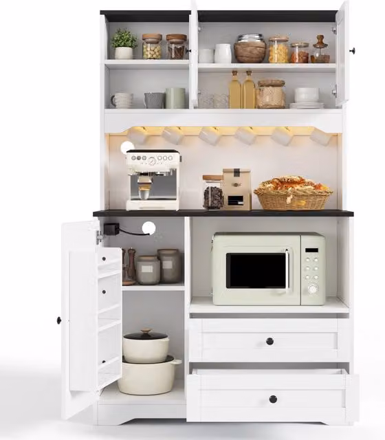 Mobile Dispensa 100x40x163 cm Bianco con LED App, Vano Microonde, 2 Prese, 2 USB e 2 Cassetti