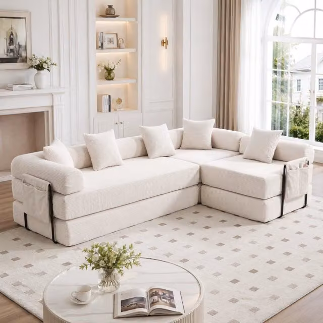 Divano modulare MIVRAY convertibile in letto, modello a L in velluto beige con moduli indipendenti e funzione notte