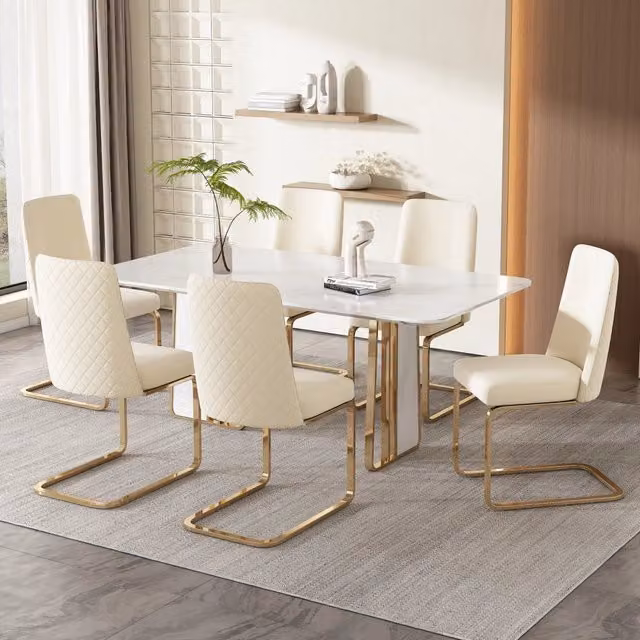 Set di 6 sedie da pranzo MIVRAY in velluto beige con schienale geometrico e gambe in metallo dorato