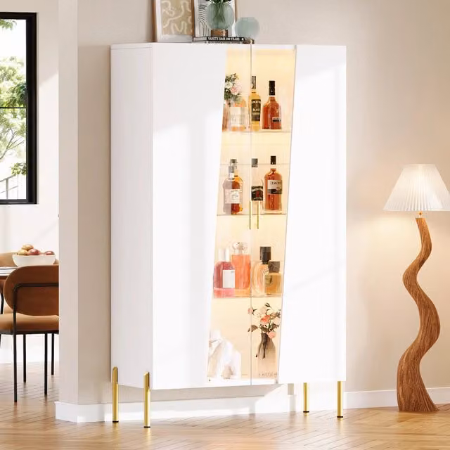 Desviae Vetrina con porta in vetro asimmetrica LED multicolore ripiani regolabili MDF bianco 72 × 40 × 145 cm